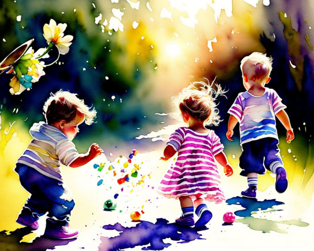 Vibrant watercolor painting of children with colorful balls on sunny backdrop