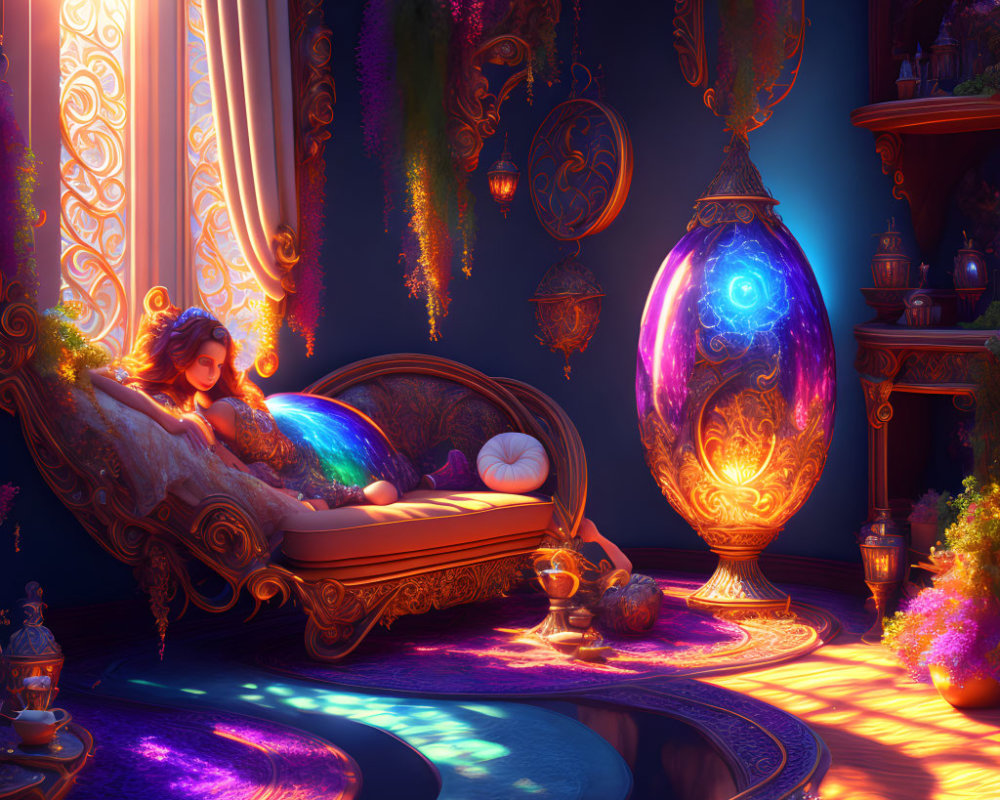 Sunlit fantasy room with young woman on chaise, glowing orb, and lush greenery.