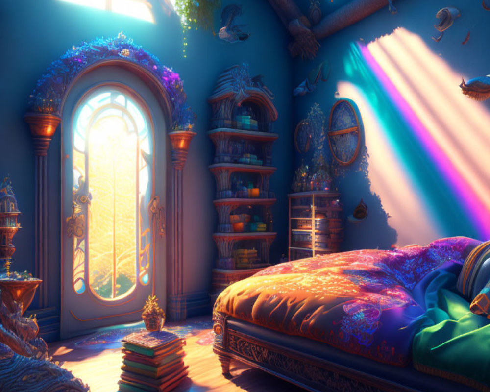 Luxurious and whimsical bedroom with vibrant colors and magical elements