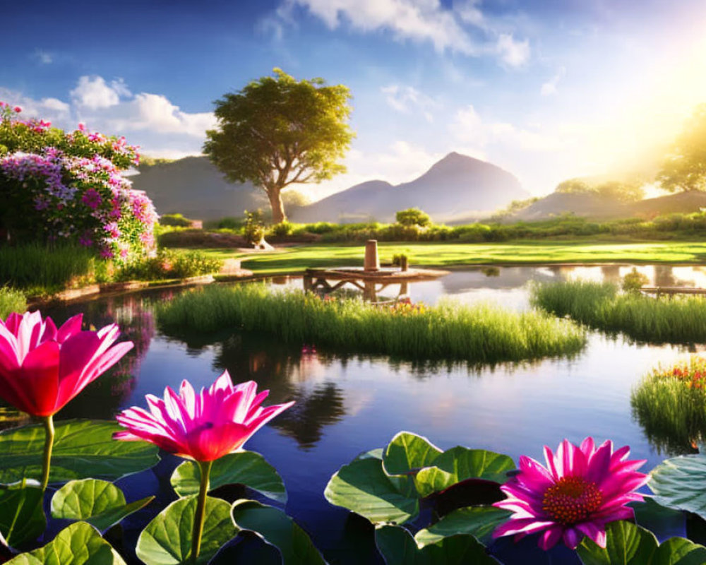 Tranquil landscape with pink lotus flowers, pond, bridge, and mountains