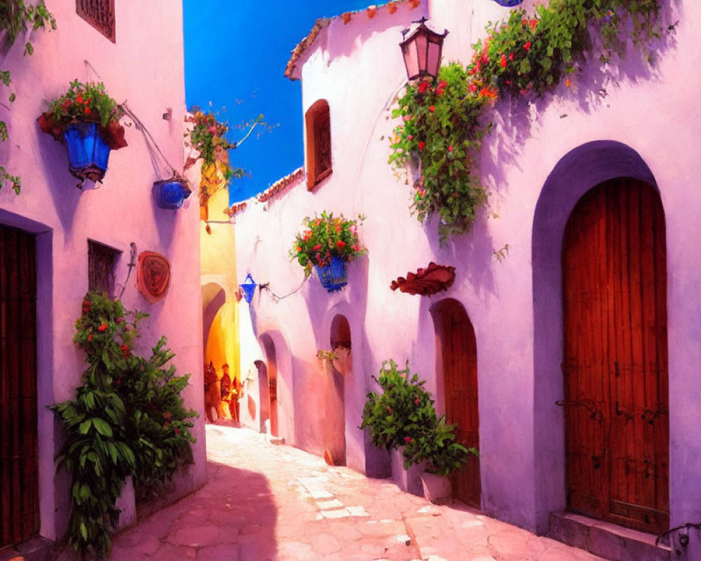 Colorful street scene with purple walls, flower pots, archway, and figure