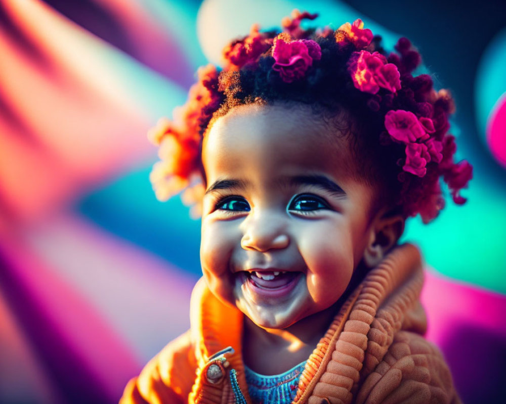 Curly-Haired Toddler Smiling in Orange Jacket with Pink Flowers