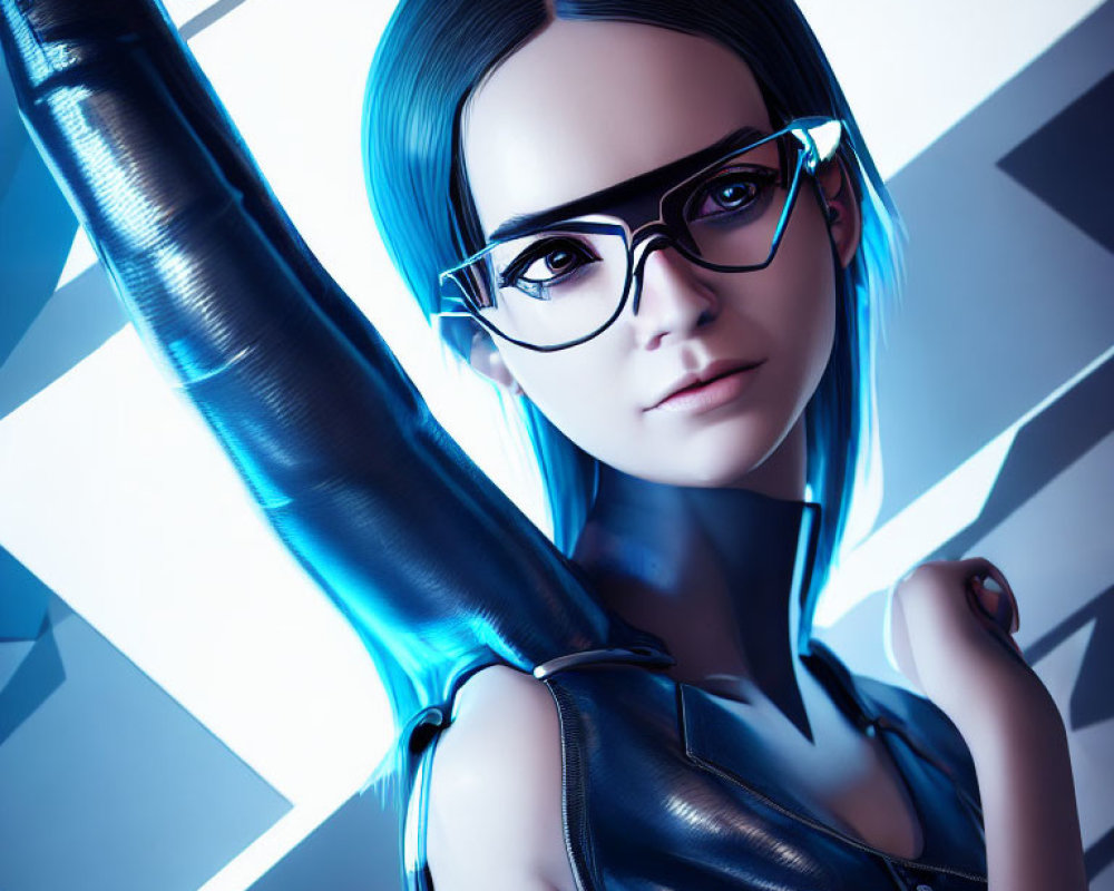 Female character with blue hair and glasses in black outfit on geometric blue & white background