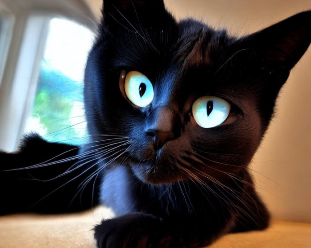 Black Cat with Turquoise Eyes Sitting Indoors under Window Light