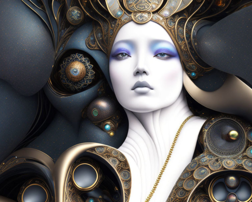 Ethereal female figure with pale skin and ornate headgear in digital art