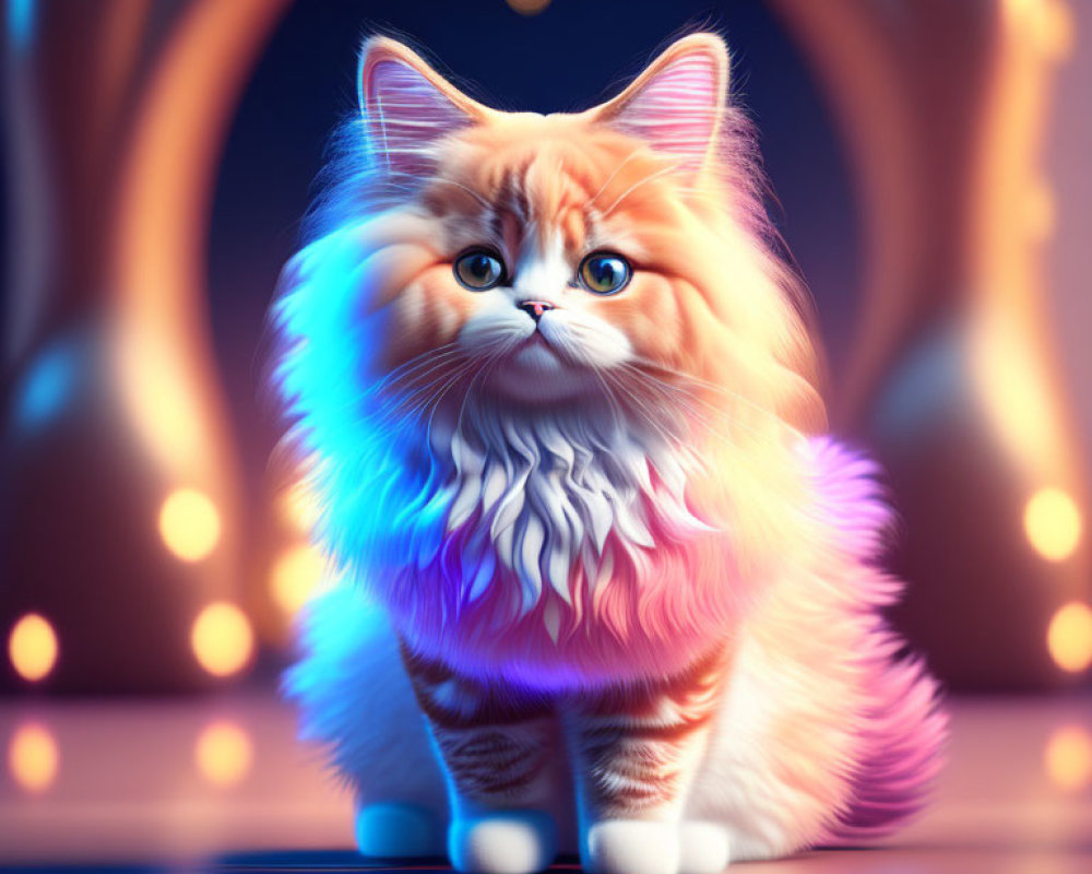 Colorful Fluffy Cat Sitting Under Glowing Archway