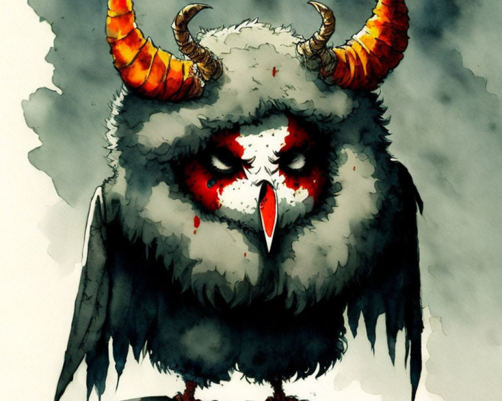 Fantastical owl illustration with red eyes, horns, and dark colors