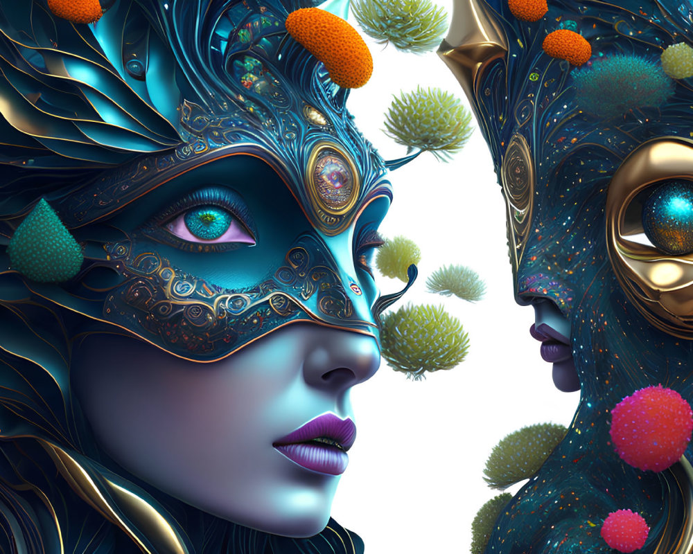 Metallic female faces close-up in intricate design with multicolored spheres on blue background