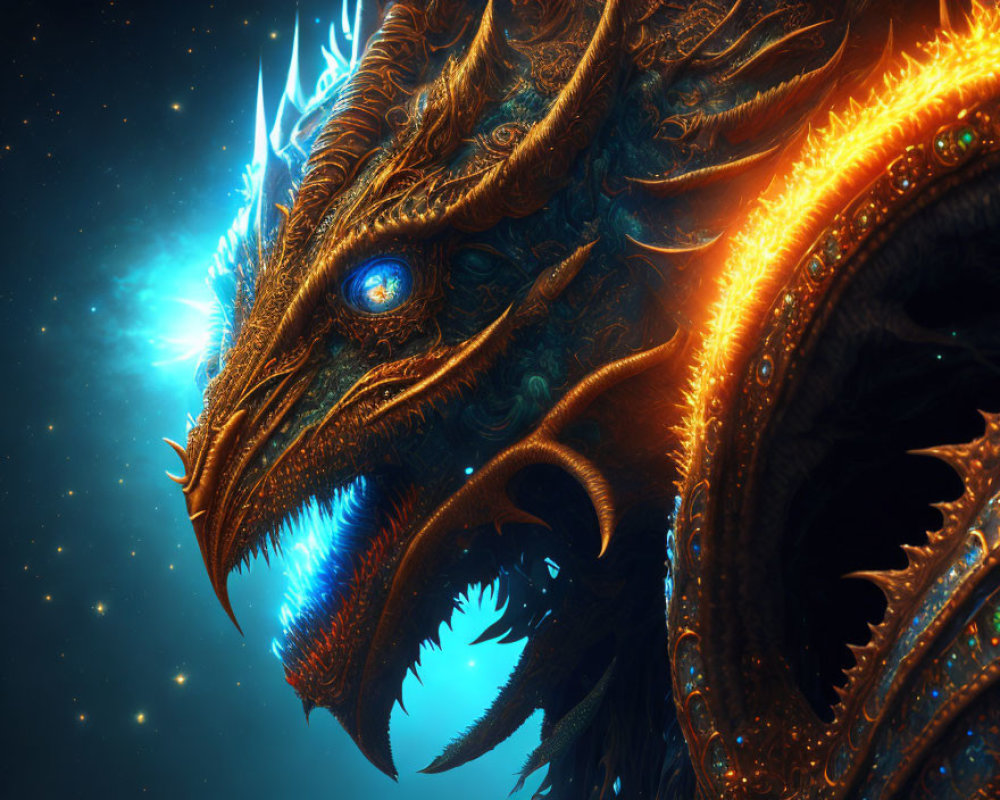 Detailed Golden Dragon with Blue Glowing Eyes in Cosmic Setting