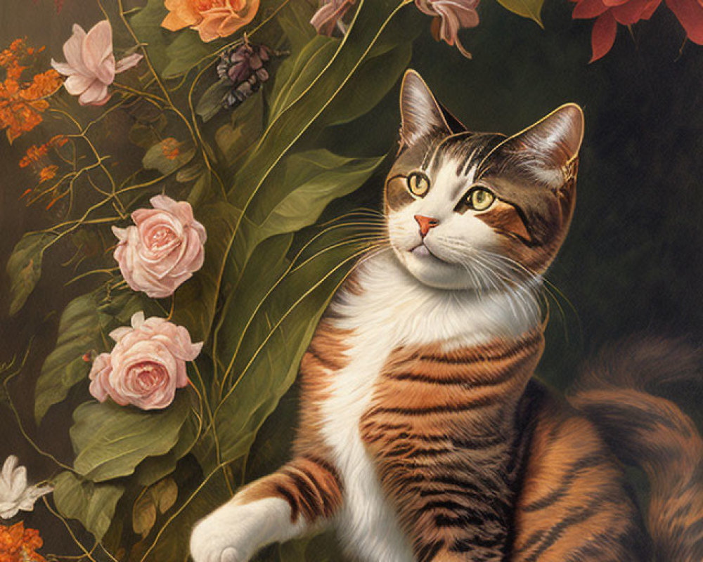 Realistic Tabby Cat Painting Among Colorful Flowers