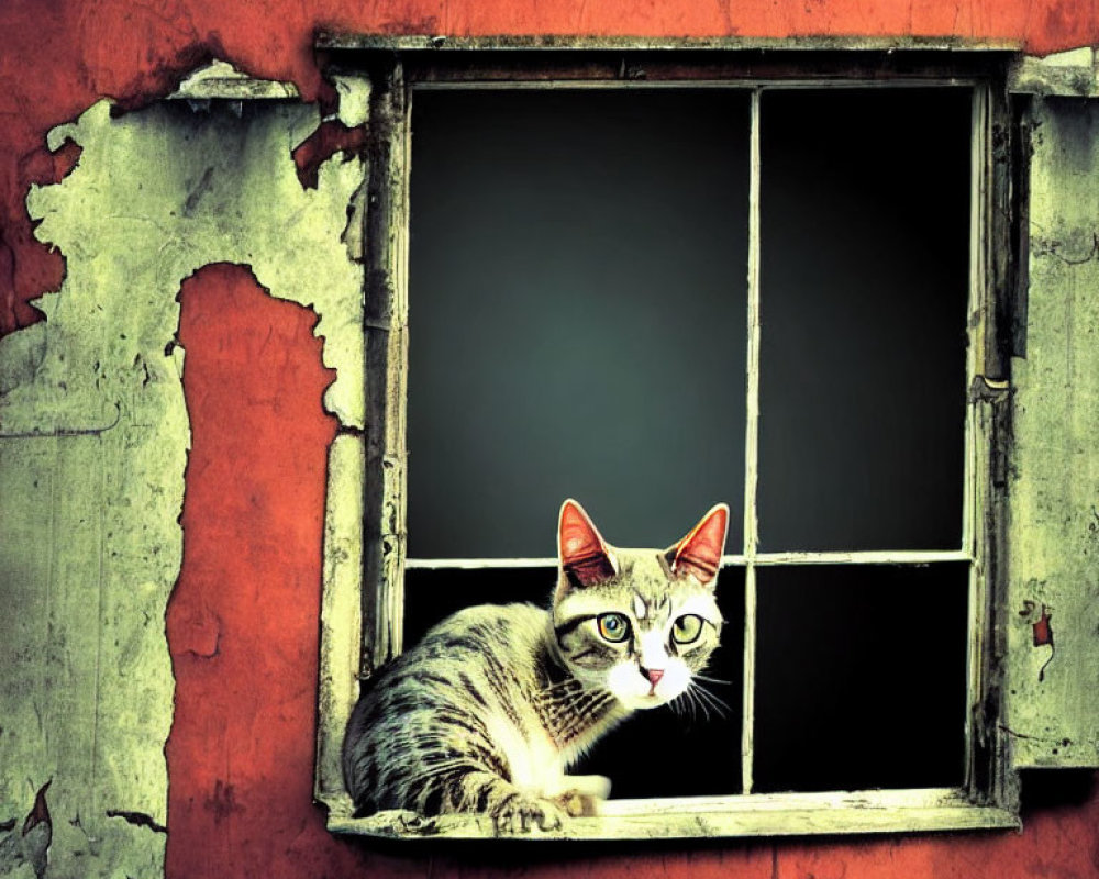 Striking-Eyed Cat in Weathered Window Frame