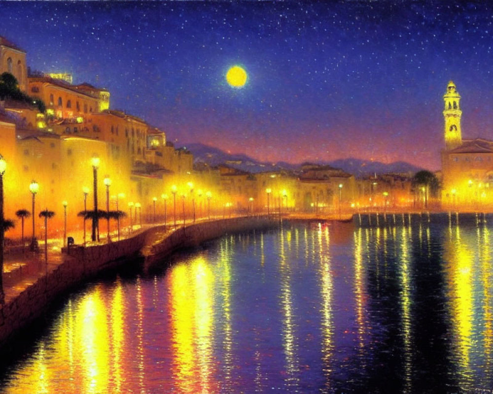 Scenic moonlit coastal town with glowing streetlights, calm water, starry sky, and warmly