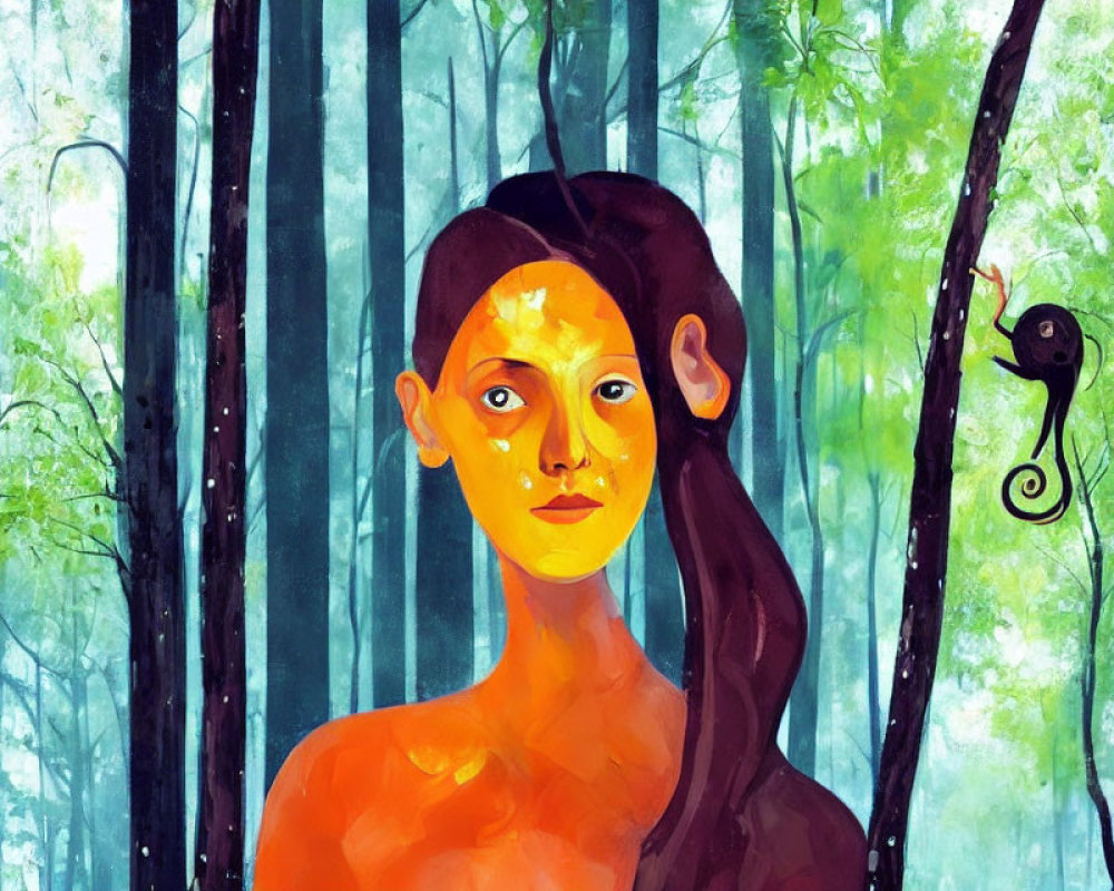 Colorful illustration of woman with golden face in forest with monkey