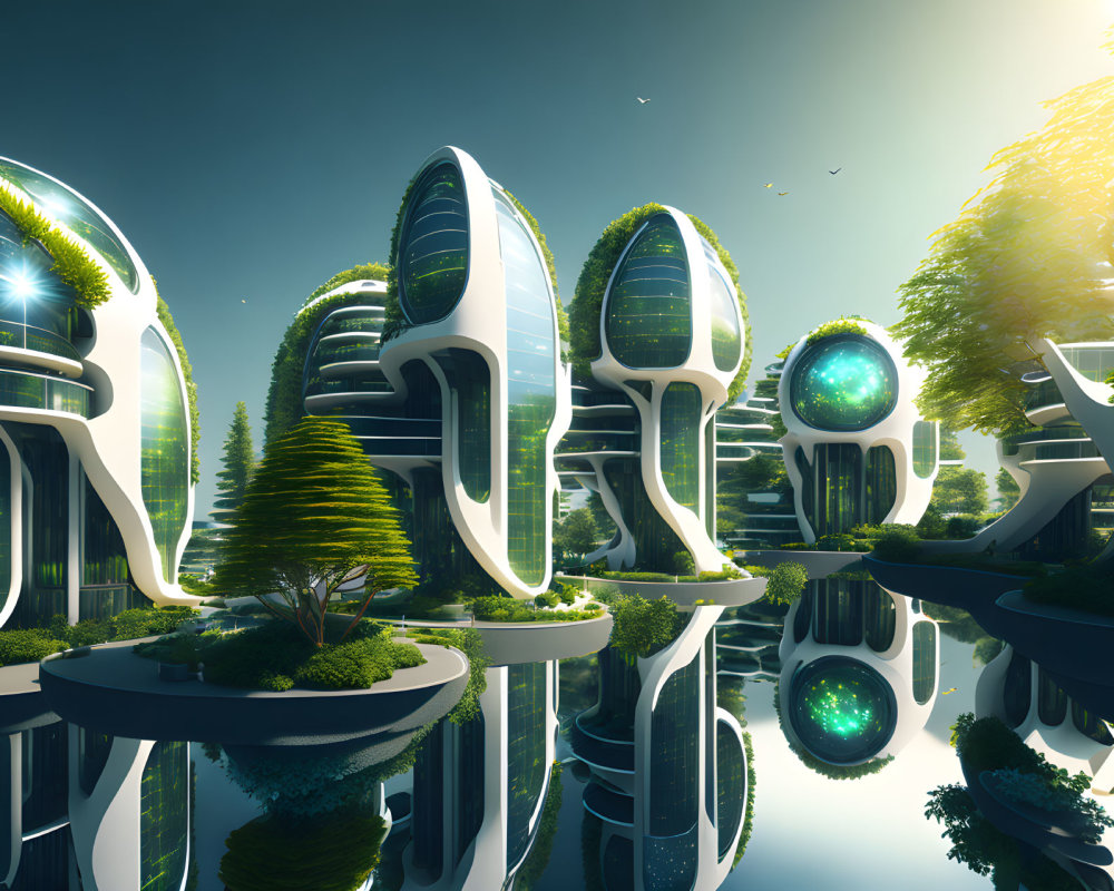 Futuristic cityscape with greenery, curved buildings, water reflection, and birds in clear sky