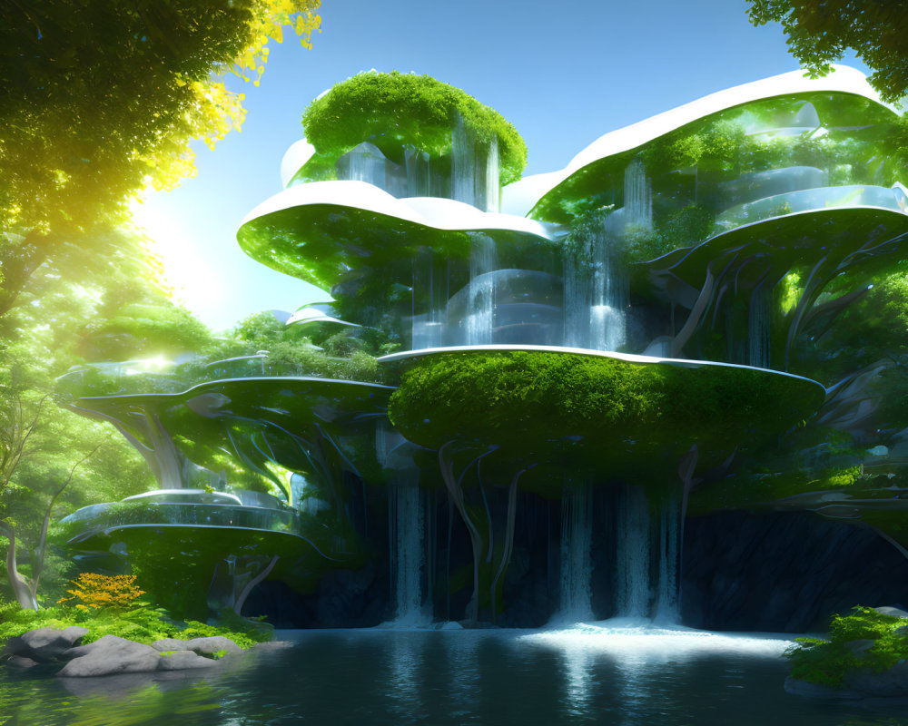 Tranquil fantasy cascade with lush green trees and pond