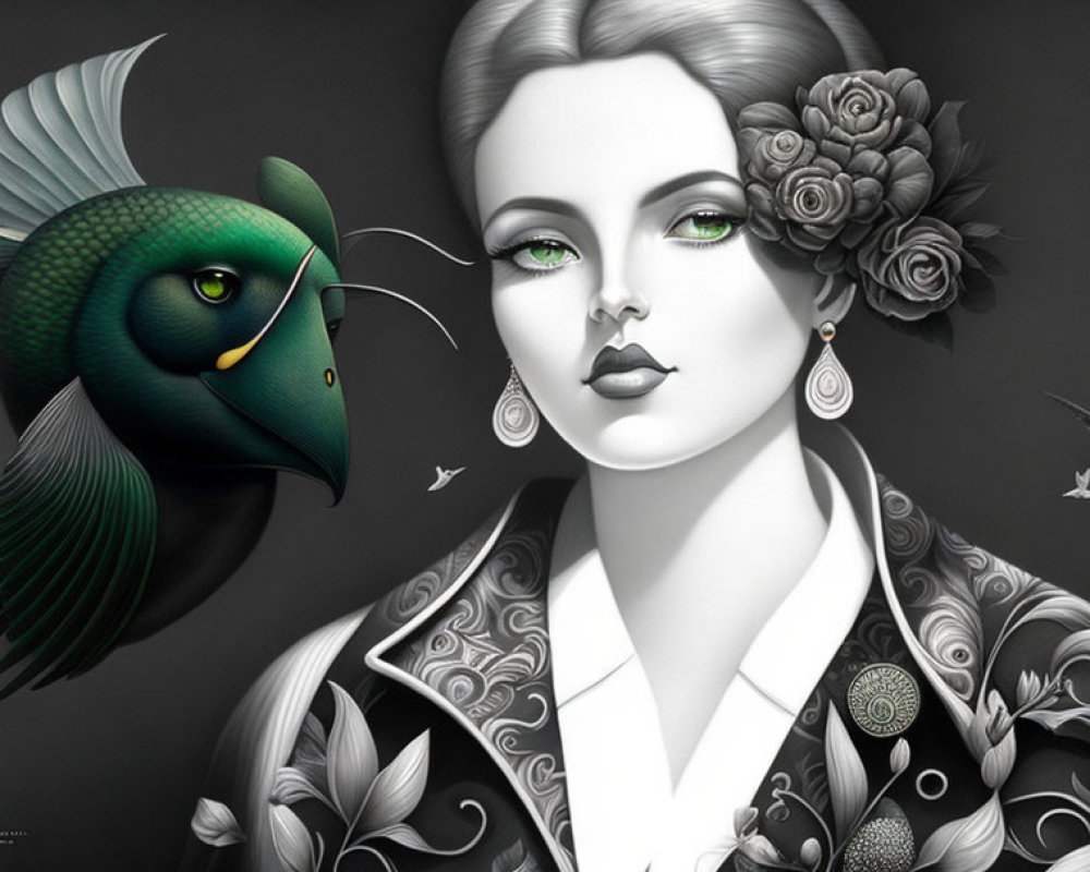 Monochrome illustration of woman with floral hair and fish, dark background with bird silhouettes