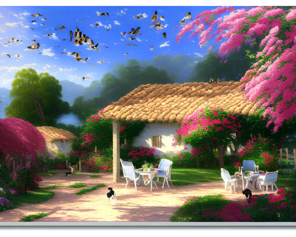 Tranquil garden scene with pink trees, cottage, chairs, dog, birds, and lake