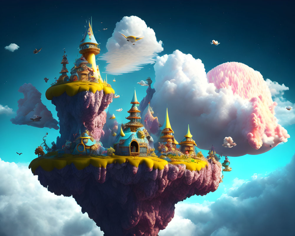 Whimsical floating islands with castles under a blue sky