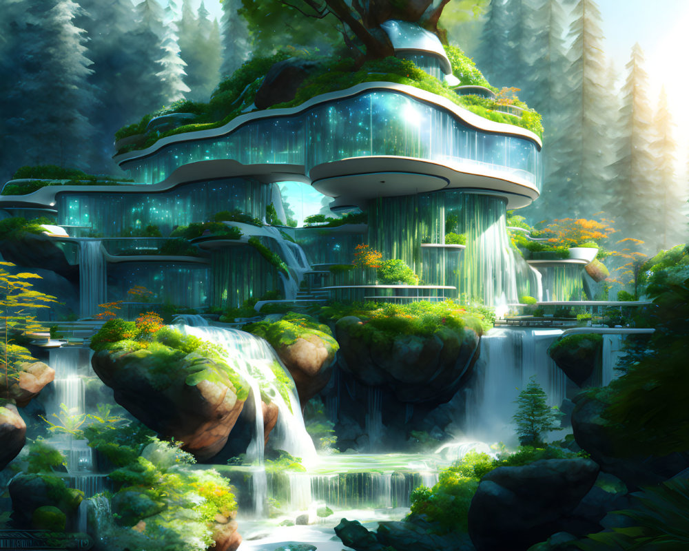 Enchanting forest with waterfalls and glowing treehouses