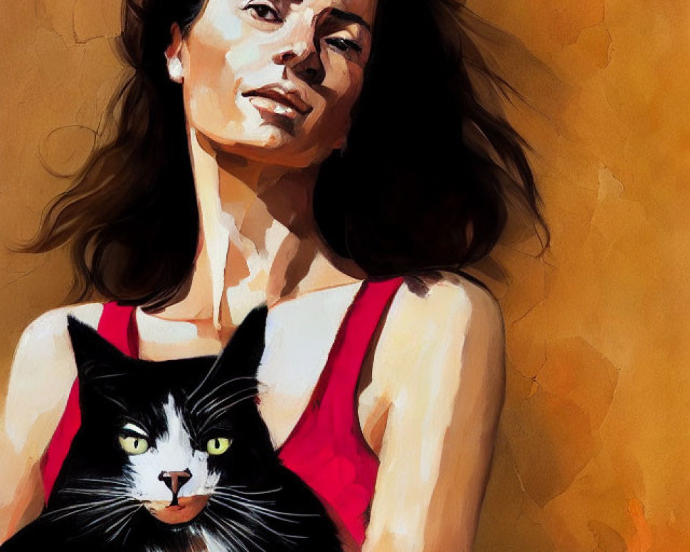 Woman in Red Top Holding Black and White Cat on Abstract Background