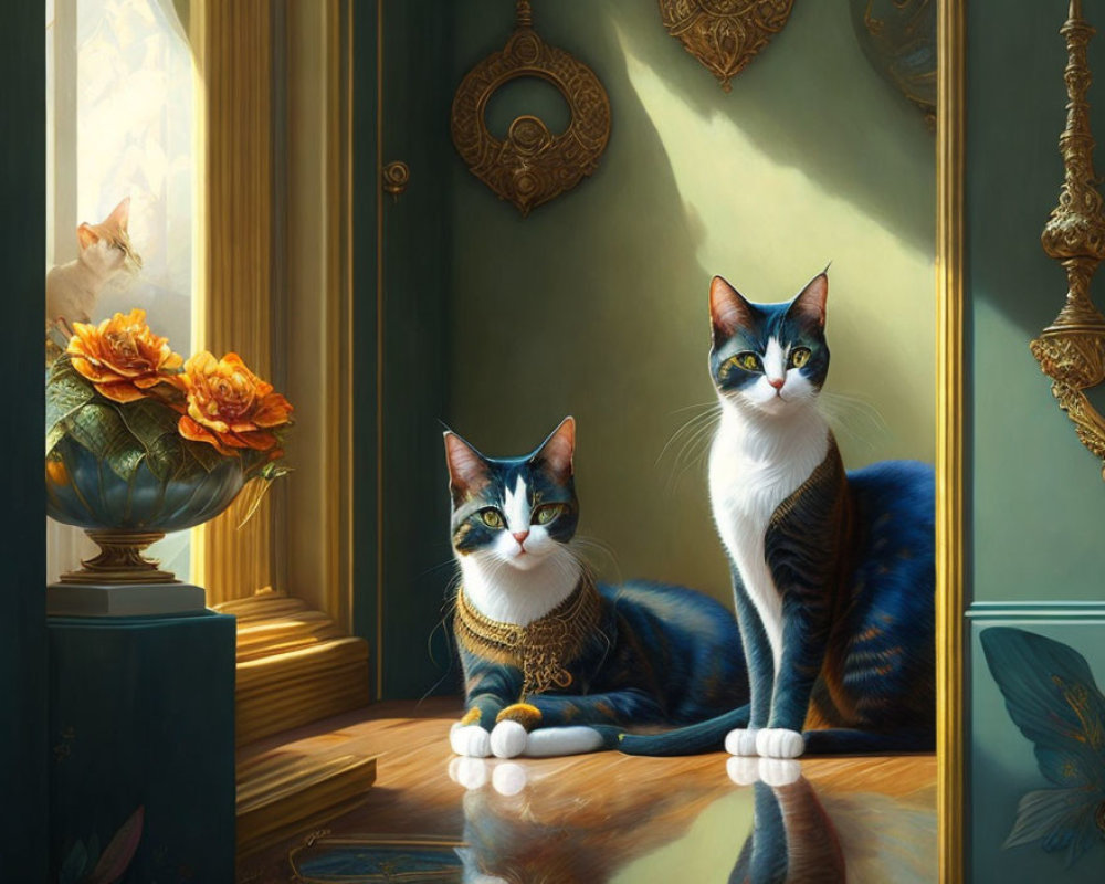 Elegant cats basking in sunlight in luxurious room