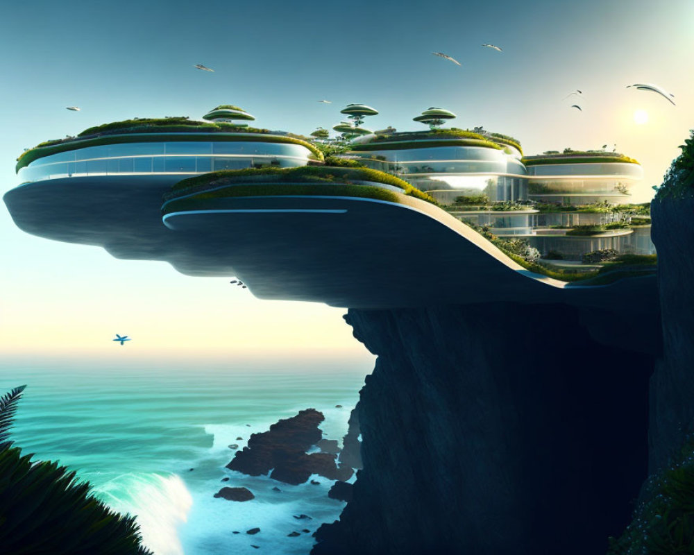 Futuristic cliffside building with green roofs and glass, set against sunset and ocean.