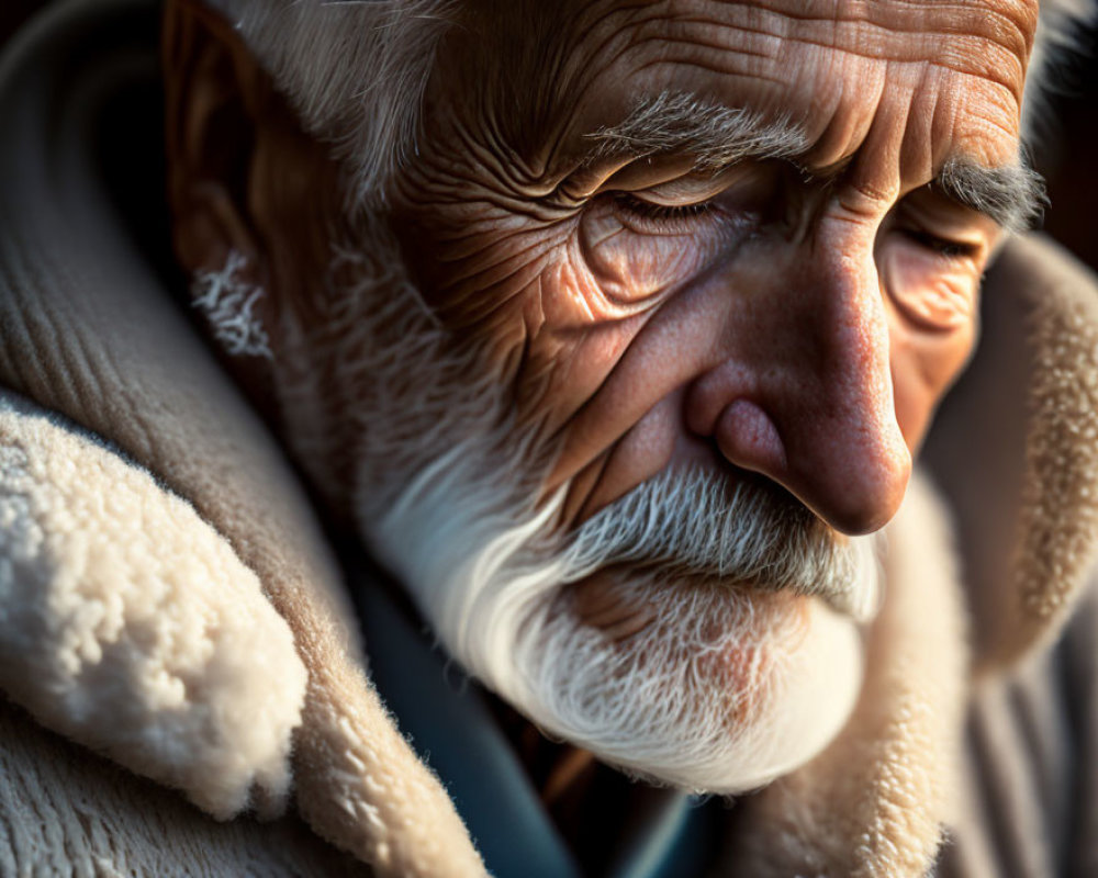 Detailed close-up of elderly man with white beard and thoughtful expression in soft light