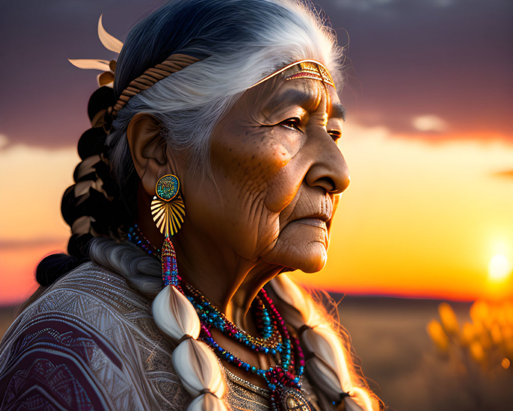 Elderly woman with braided hair and traditional jewelry at sunset