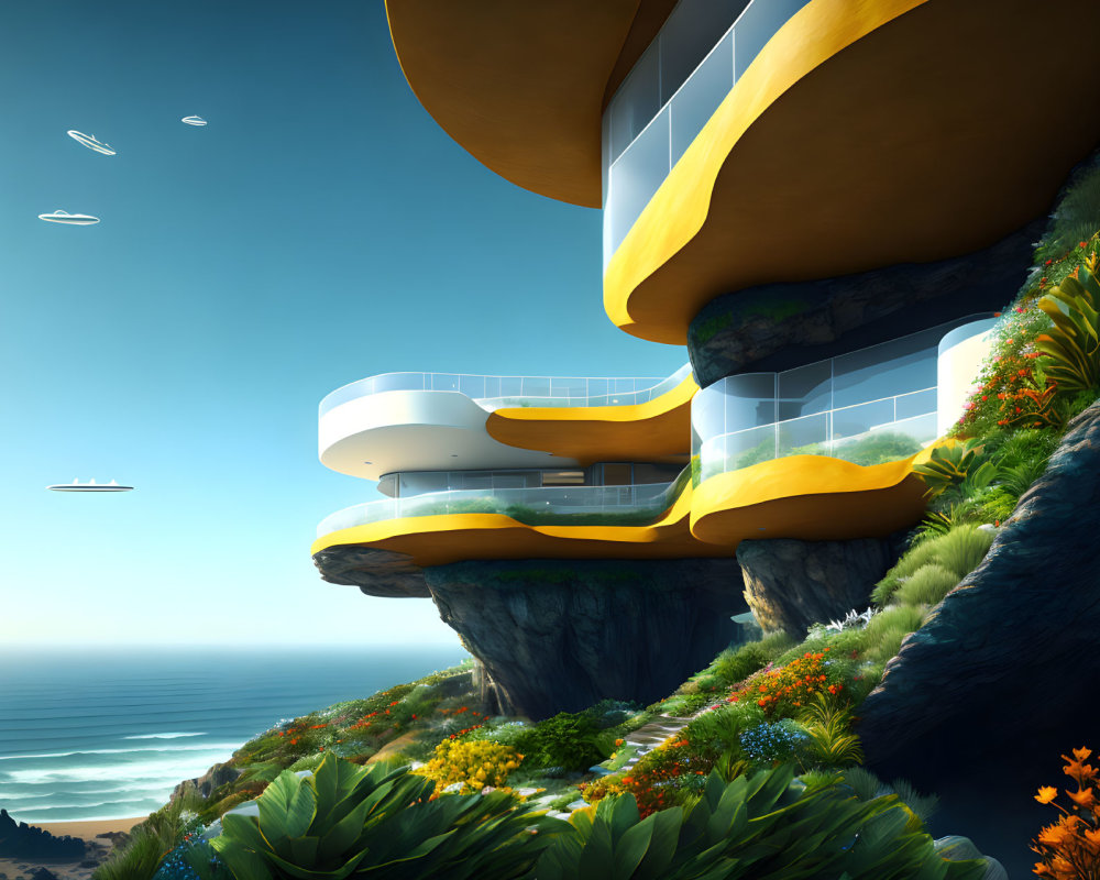 Futuristic cliffside house with curved design overlooking ocean