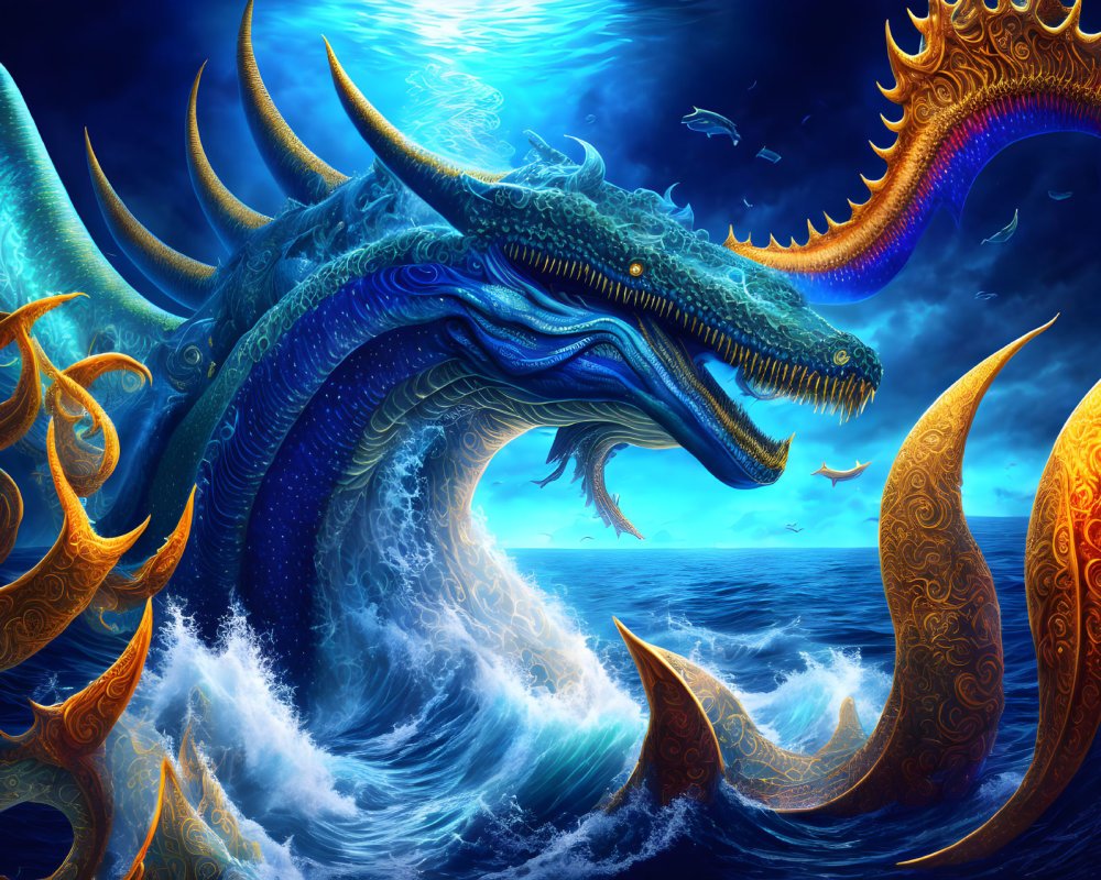 Majestic blue sea dragon in vibrant, fantastical ocean scene