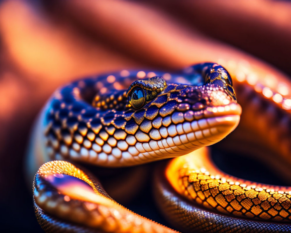 Detailed close-up of vibrant snake with intricate scales in warm orange and cool blue tones