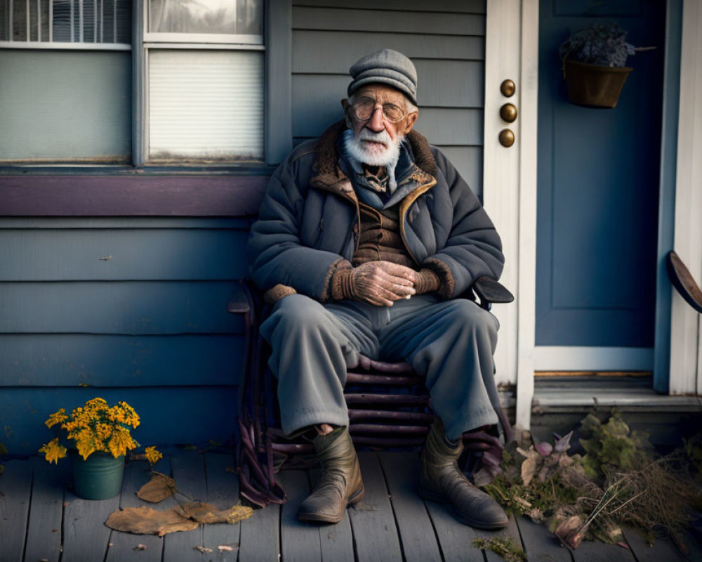 Elderly man in glasses and cap on porch with potted plant