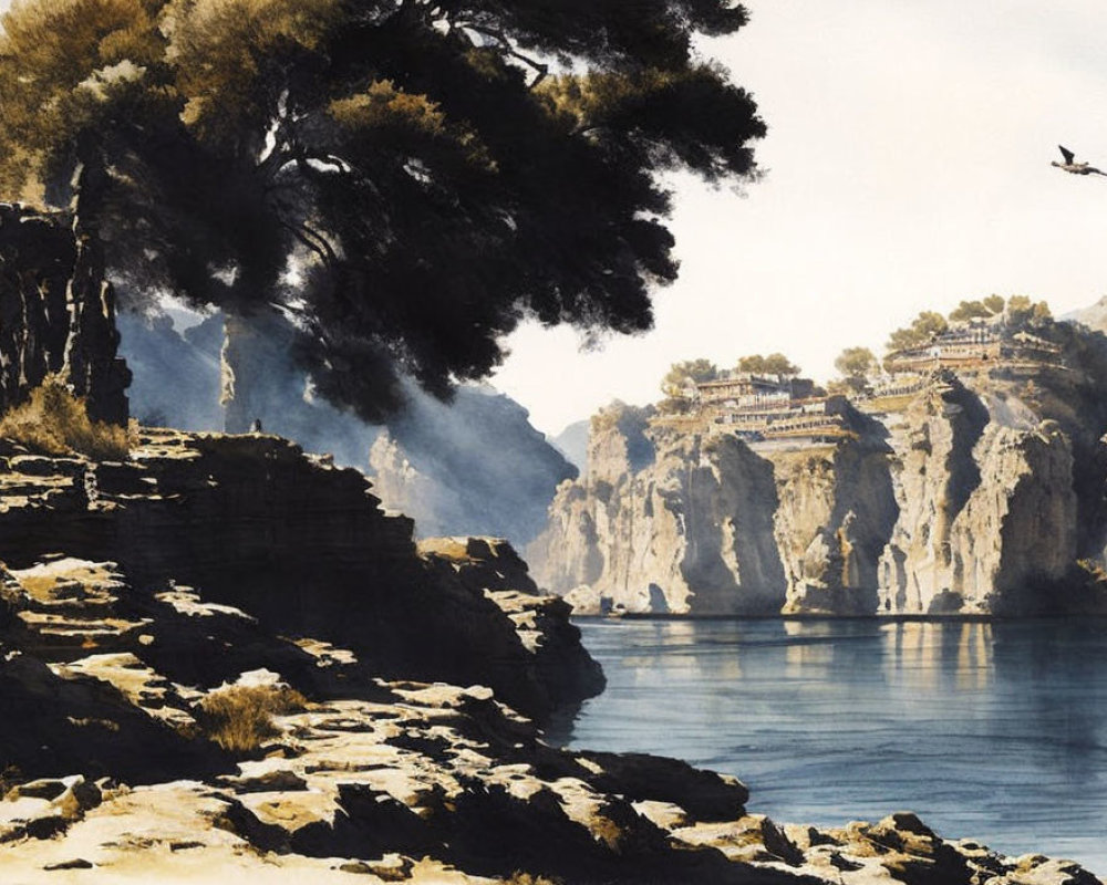 Tranquil landscape with rocky cliff, calm water, lush trees, and bird in sky