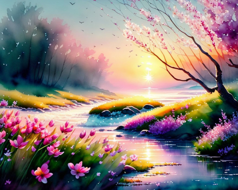 Colorful Landscape with Blooming Flowers, Serene River, Birds, and Sunrise