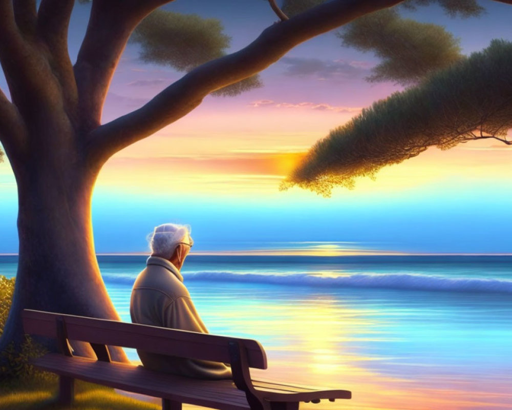 Elderly person sitting on bench by tranquil sea at sunset