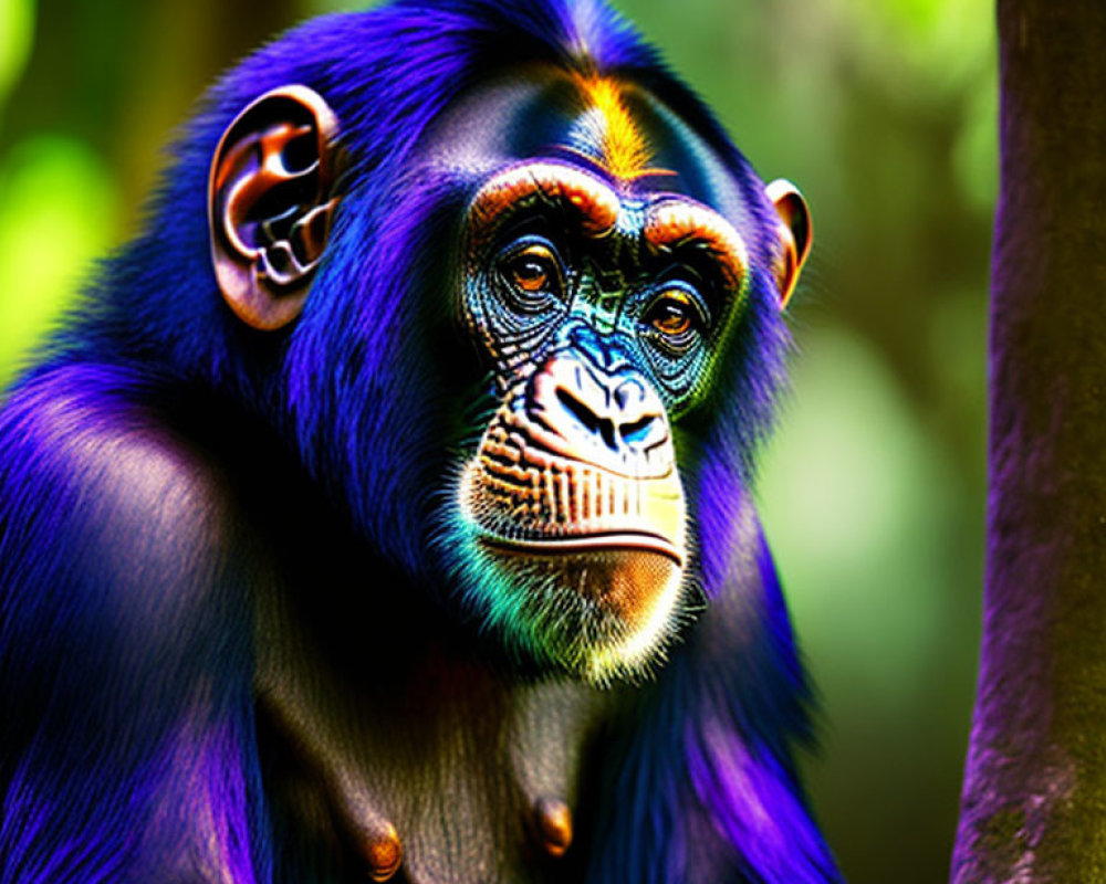 Colorful Chimpanzee Peeking from Tree in Green Forest