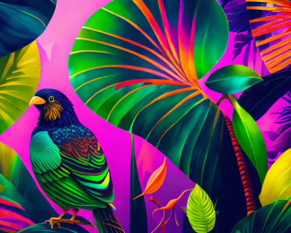 Colorful Bird Among Neon Tropical Foliage and Pink Background