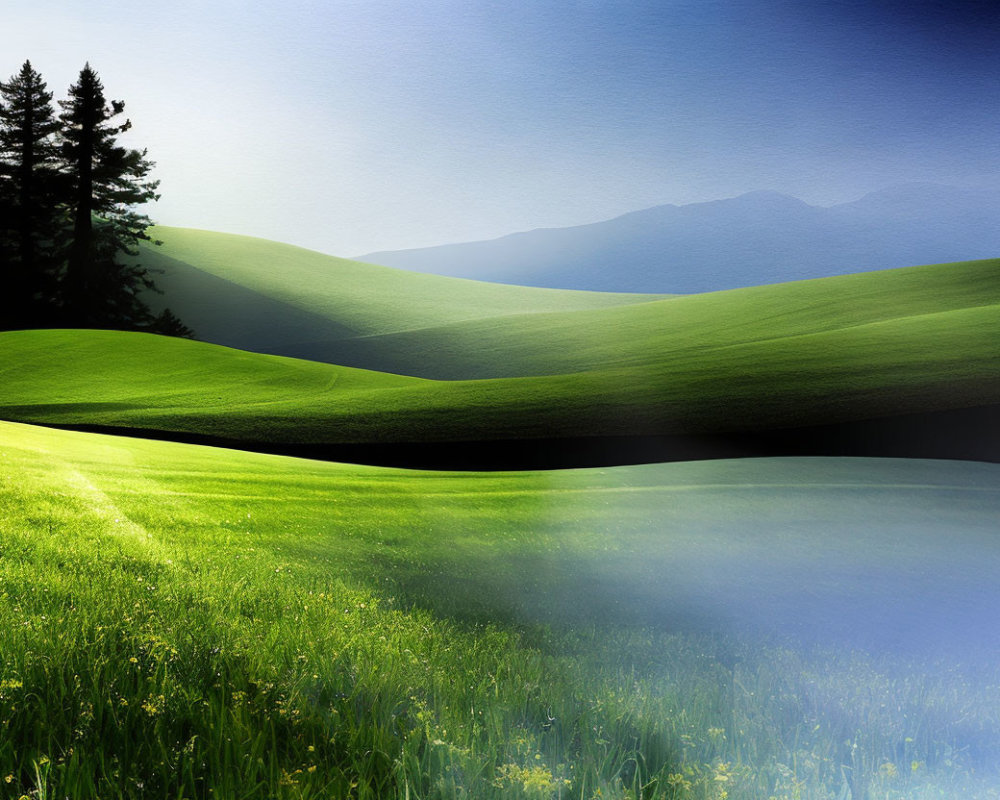 Tranquil landscape: green hills, blue lake, conifers, misty mountains, gradient sky