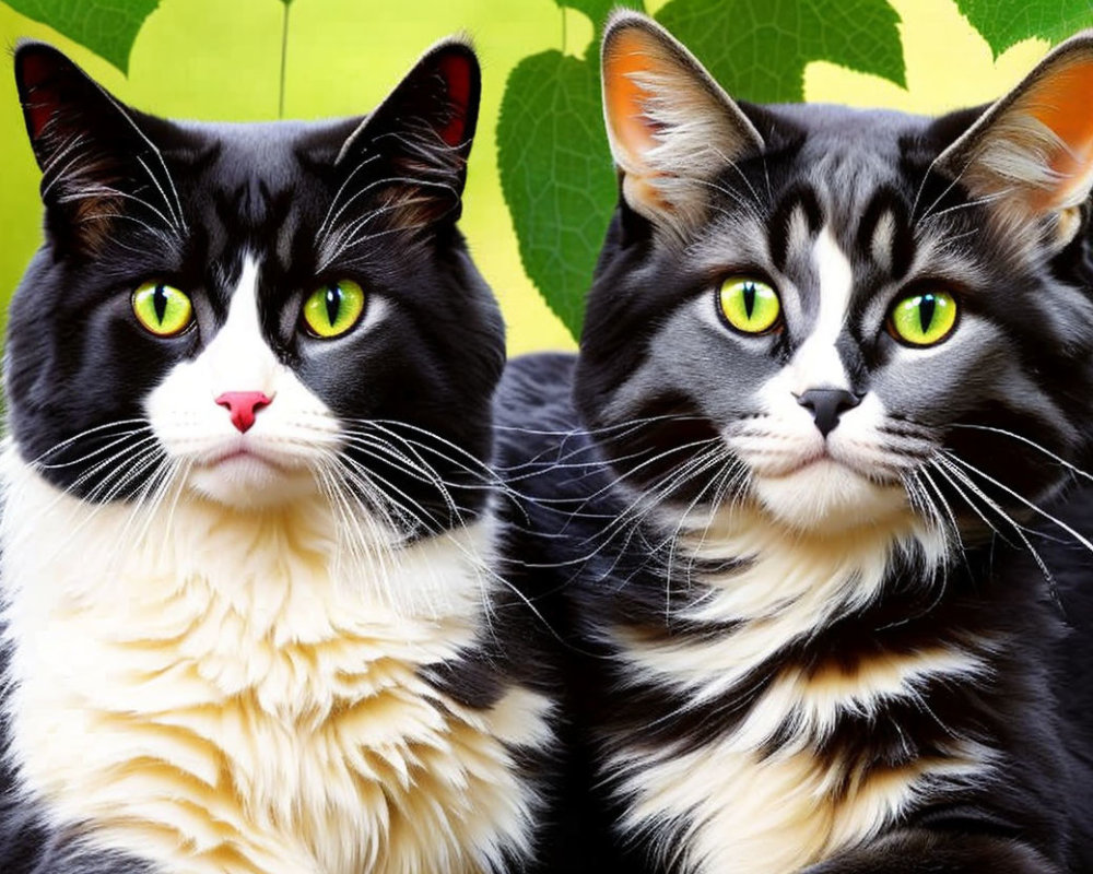 Fluffy Black and White Cats with Green Eyes on Leaf-Patterned Background