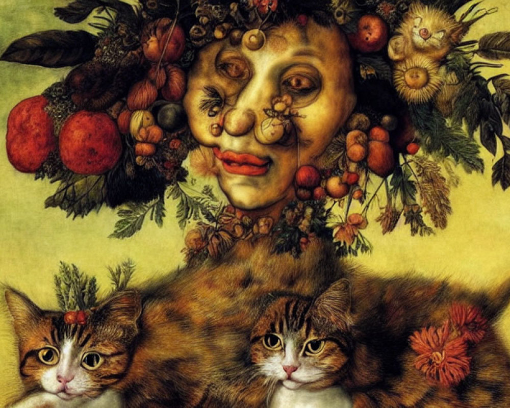 Portrait of person with fruit face and cats with foliage elements