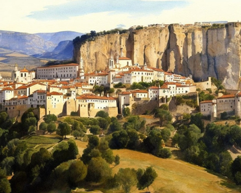 Traditional town on plateau with towering cliffs and lush greenery