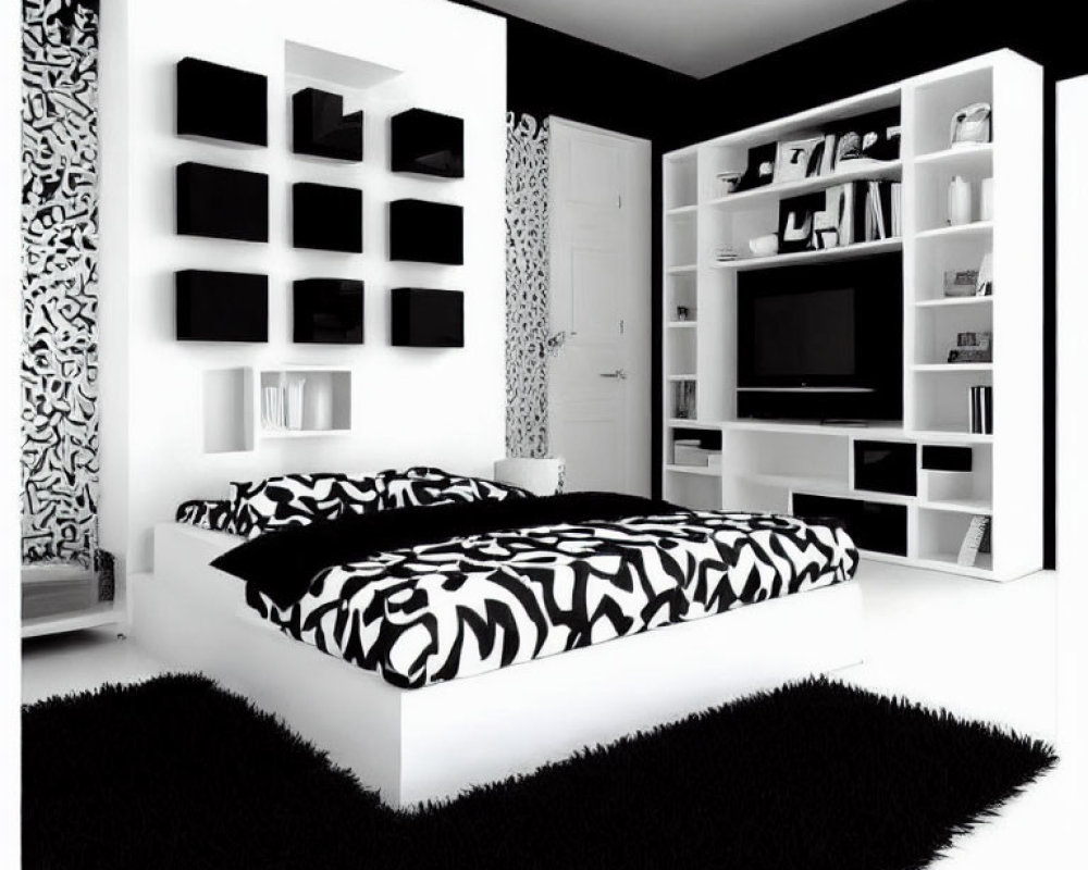 Monochrome Bedroom with Zebra-Print Bedding & Sleek Shelving