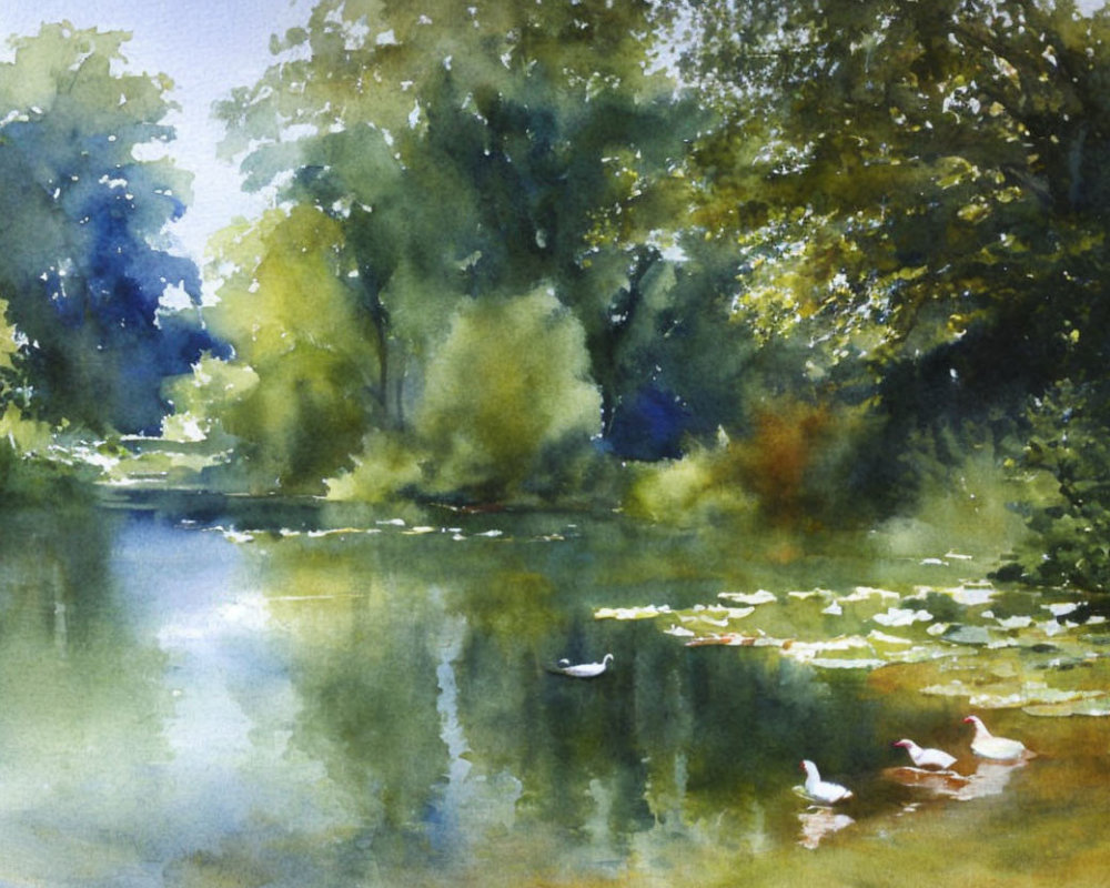 Tranquil watercolor painting of pond with ducks and lily pads