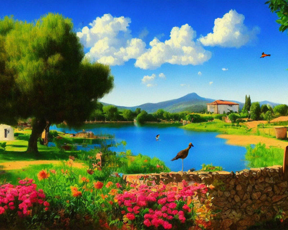 Tranquil landscape with lake, trees, flowers, stork, and mountain under blue sky