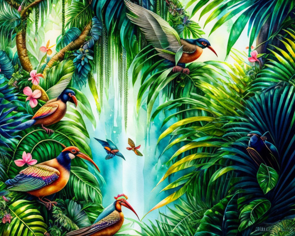 Tropical Scene with Birds, Foliage, and Flowers in Sunlight