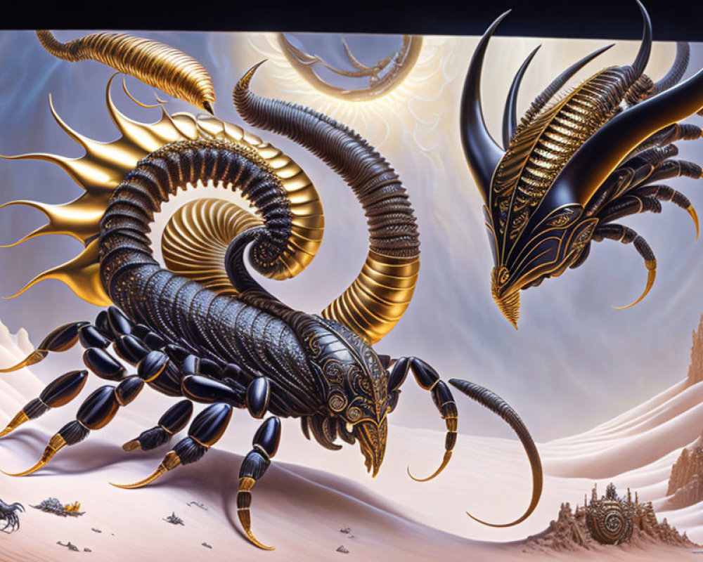 Intricate golden scorpion art in desert landscape