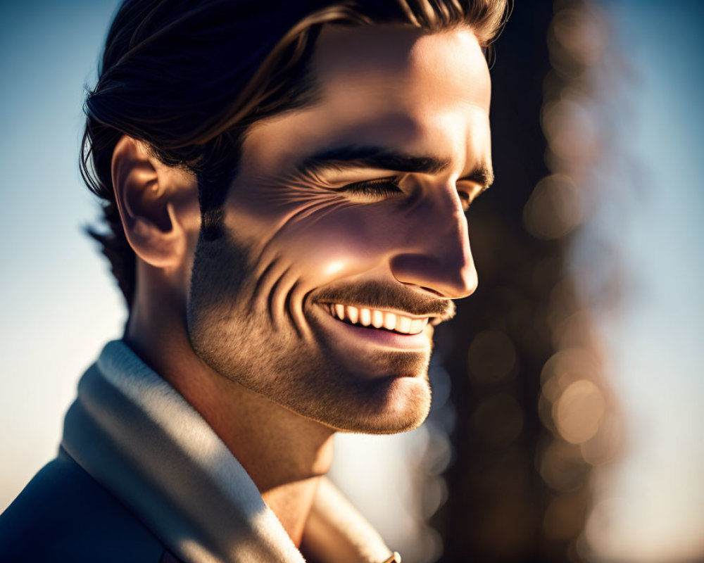 Bearded man in coat with warm smile against sunlit background