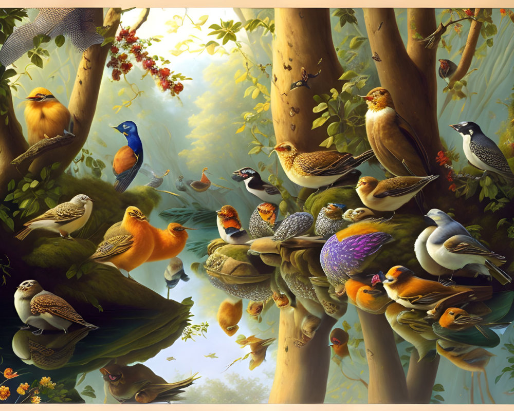 Colorful Birds Perched on Sunlit Tree Branches in Vibrant Forest