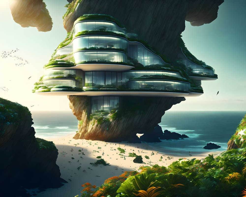 Terraced futuristic building on lush cliff overlooking sandy beach