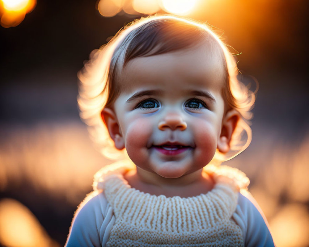 Smiling toddler illuminated by sunset glow